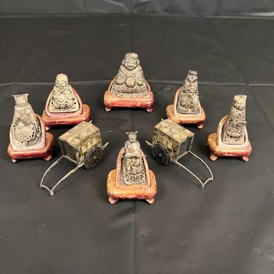 Lot of 6 Vintage Asian Metal Figurines on Wood Stands with 2 Carriages