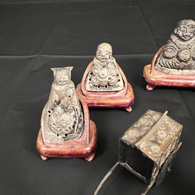 Lot of 6 Vintage Asian Metal Figurines on Wood Stands with 2 Carriages