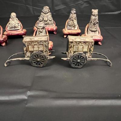 Lot of 6 Vintage Asian Metal Figurines on Wood Stands with 2 Carriages