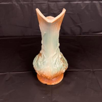 Antique McCoy Pitcher Vase with Aqua and Brown Glazed Grapevine Design