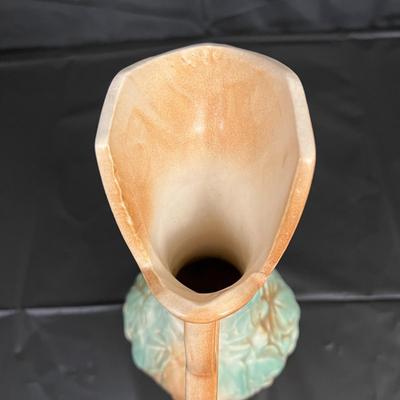Antique McCoy Pitcher Vase with Aqua and Brown Glazed Grapevine Design