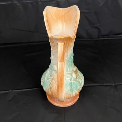 Antique McCoy Pitcher Vase with Aqua and Brown Glazed Grapevine Design