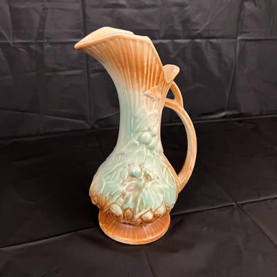 Antique McCoy Pitcher Vase with Aqua and Brown Glazed Grapevine Design
