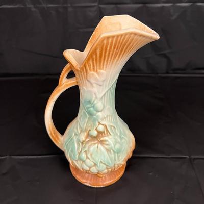Antique McCoy Pitcher Vase with Aqua and Brown Glazed Grapevine Design