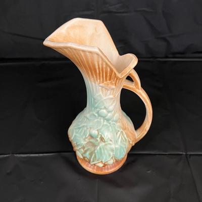 Antique McCoy Pitcher Vase with Aqua and Brown Glazed Grapevine Design