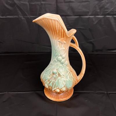 Antique McCoy Pitcher Vase with Aqua and Brown Glazed Grapevine Design