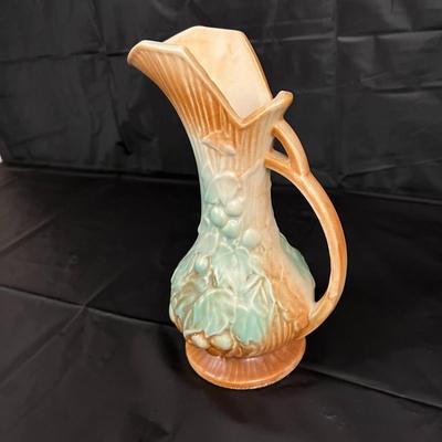 Antique McCoy Pitcher Vase with Aqua and Brown Glazed Grapevine Design