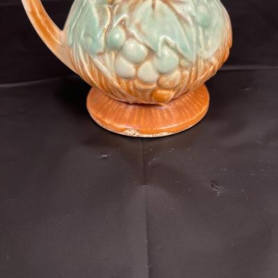 Antique McCoy Pitcher Vase with Aqua and Brown Glazed Grapevine Design