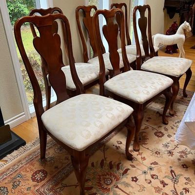 Lot of 6 Wood and Cream Fabric Dining Chairs