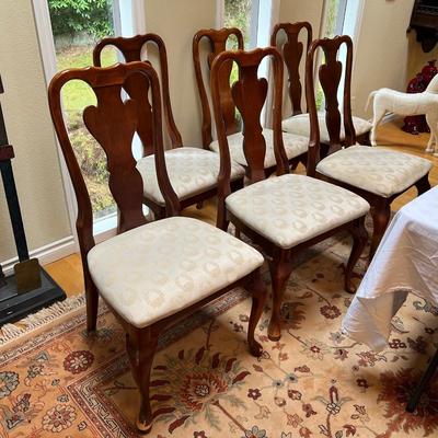 Lot of 6 Wood and Cream Fabric Dining Chairs