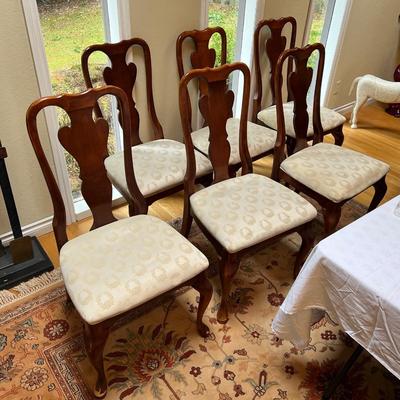 Lot of 6 Wood and Cream Fabric Dining Chairs