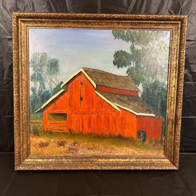 Original Signed Midcentury Painting of Red Barn