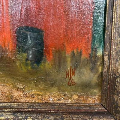 Original Signed Midcentury Painting of Red Barn