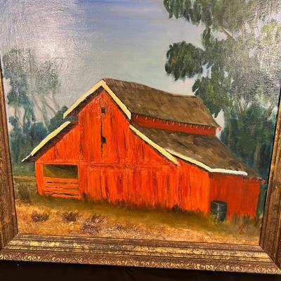Original Signed Midcentury Painting of Red Barn
