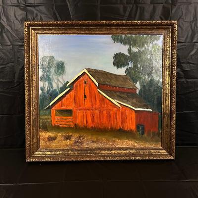 Original Signed Midcentury Painting of Red Barn