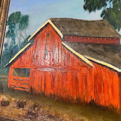 Original Signed Midcentury Painting of Red Barn
