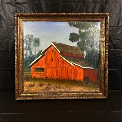 Original Signed Midcentury Painting of Red Barn