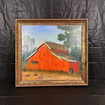 Original Signed Midcentury Painting of Red Barn