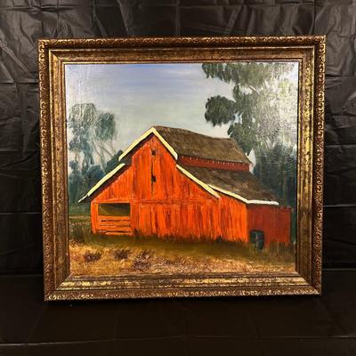 Original Signed Midcentury Painting of Red Barn