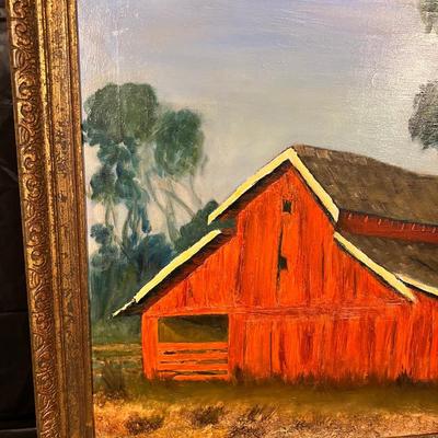 Original Signed Midcentury Painting of Red Barn