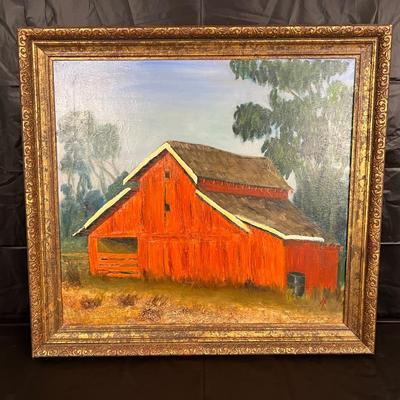 Original Signed Midcentury Painting of Red Barn