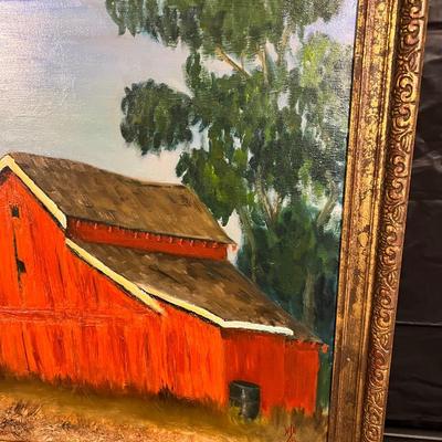 Original Signed Midcentury Painting of Red Barn