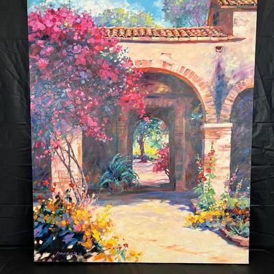 Gorgeous Julie Gilbert Pollard Painting of Spanish Mission Style Arches and Lush Flowers