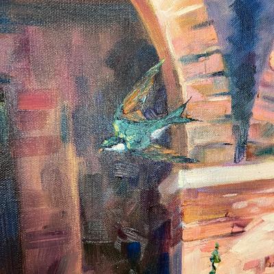 Gorgeous Julie Gilbert Pollard Painting of Spanish Mission Style Arches and Lush Flowers