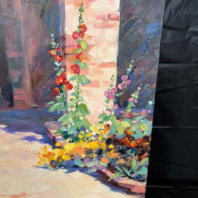 Gorgeous Julie Gilbert Pollard Painting of Spanish Mission Style Arches and Lush Flowers