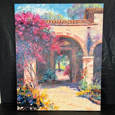 Gorgeous Julie Gilbert Pollard Painting of Spanish Mission Style Arches and Lush Flowers