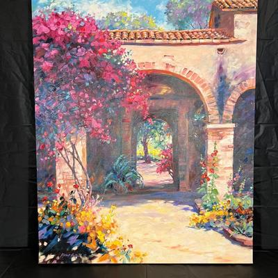 Gorgeous Julie Gilbert Pollard Painting of Spanish Mission Style Arches and Lush Flowers