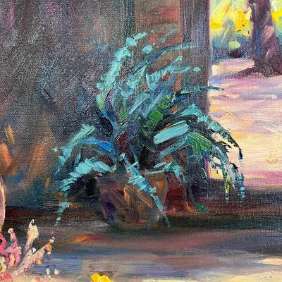 Gorgeous Julie Gilbert Pollard Painting of Spanish Mission Style Arches and Lush Flowers