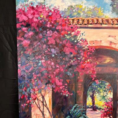 Gorgeous Julie Gilbert Pollard Painting of Spanish Mission Style Arches and Lush Flowers