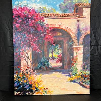 Gorgeous Julie Gilbert Pollard Painting of Spanish Mission Style Arches and Lush Flowers