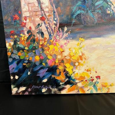 Gorgeous Julie Gilbert Pollard Painting of Spanish Mission Style Arches and Lush Flowers