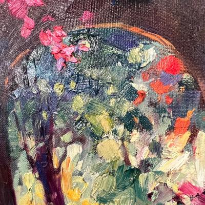 Gorgeous Julie Gilbert Pollard Painting of Spanish Mission Style Arches and Lush Flowers