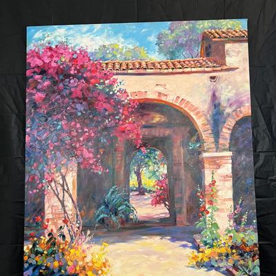 Gorgeous Julie Gilbert Pollard Painting of Spanish Mission Style Arches and Lush Flowers