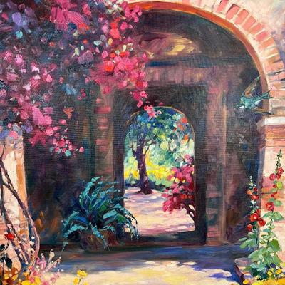 Gorgeous Julie Gilbert Pollard Painting of Spanish Mission Style Arches and Lush Flowers