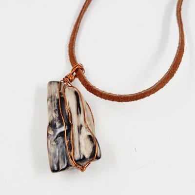 WIRE WRAPPED PETRIFIED WOOD PENDANT W/ LEATHER NECKLACE