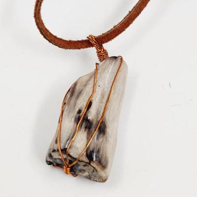 WIRE WRAPPED PETRIFIED WOOD PENDANT W/ LEATHER NECKLACE