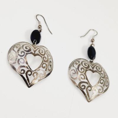 BEAUTIFUL SILVERTONED DECORATIVE HEART HANGING EARRINGS