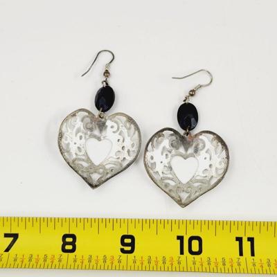 BEAUTIFUL SILVERTONED DECORATIVE HEART HANGING EARRINGS