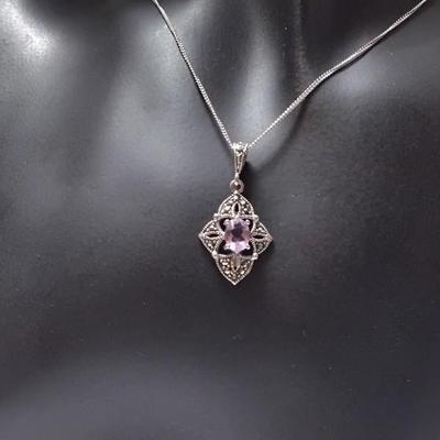 Vintage Amethyst and Marcasite 925  18" Necklace