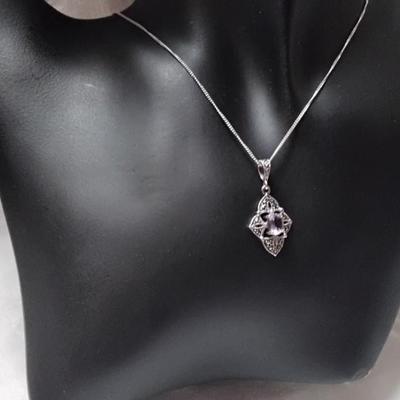 Vintage Amethyst and Marcasite 925  18" Necklace