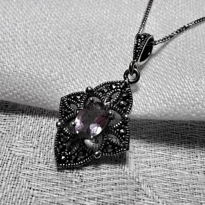 Vintage Amethyst and Marcasite 925  18" Necklace