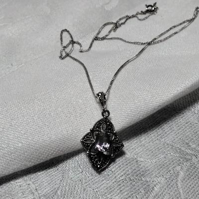 Vintage Amethyst and Marcasite 925  18" Necklace