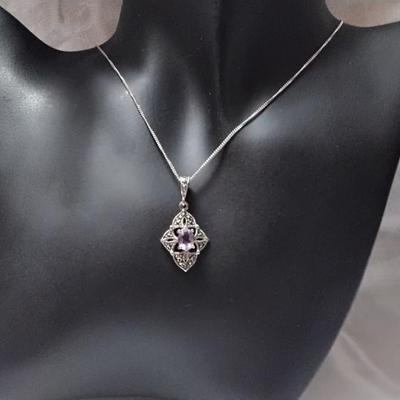 Vintage Amethyst and Marcasite 925  18" Necklace