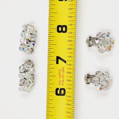 2 PAIRS VINTAGE CRYSTAL AURORA BOREALIS CLUSTER CLIP ON EARRING S