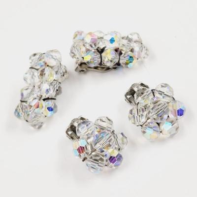 2 PAIRS VINTAGE CRYSTAL AURORA BOREALIS CLUSTER CLIP ON EARRING S