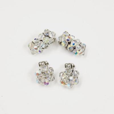 2 PAIRS VINTAGE CRYSTAL AURORA BOREALIS CLUSTER CLIP ON EARRING S